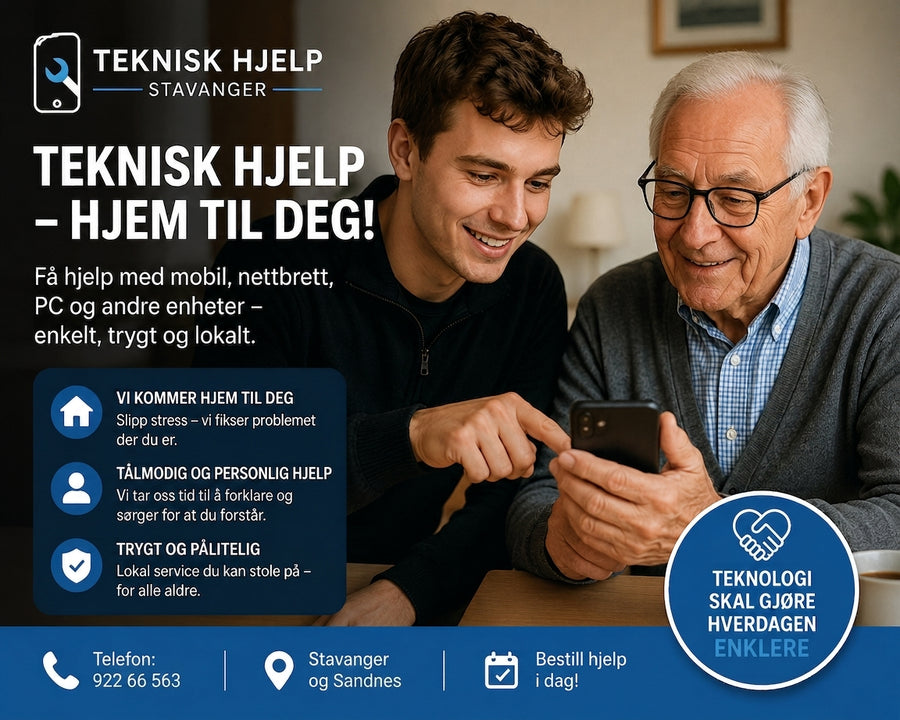 Tekniker hjelper eldre mann med mobiltelefon